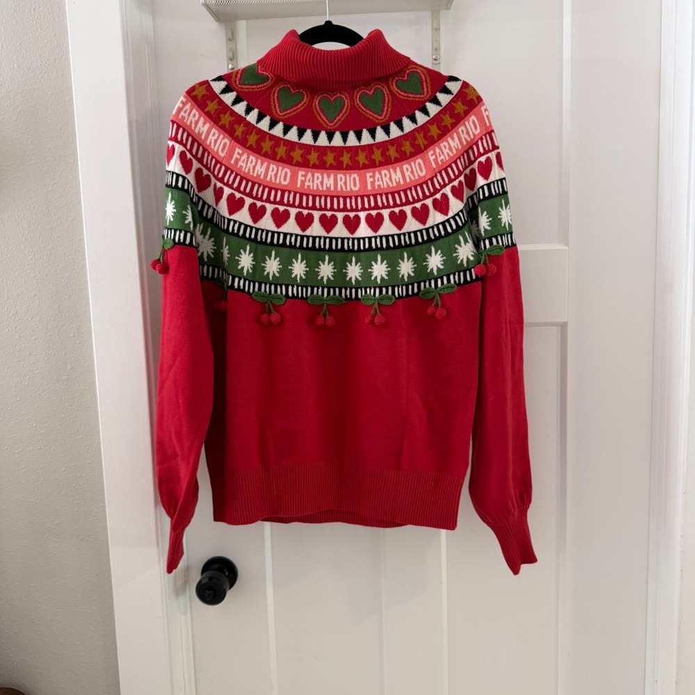 Farm Rio Red Christmas Hearts Knit Sweater Turtleneck 3D Cherry Pom Poms Small